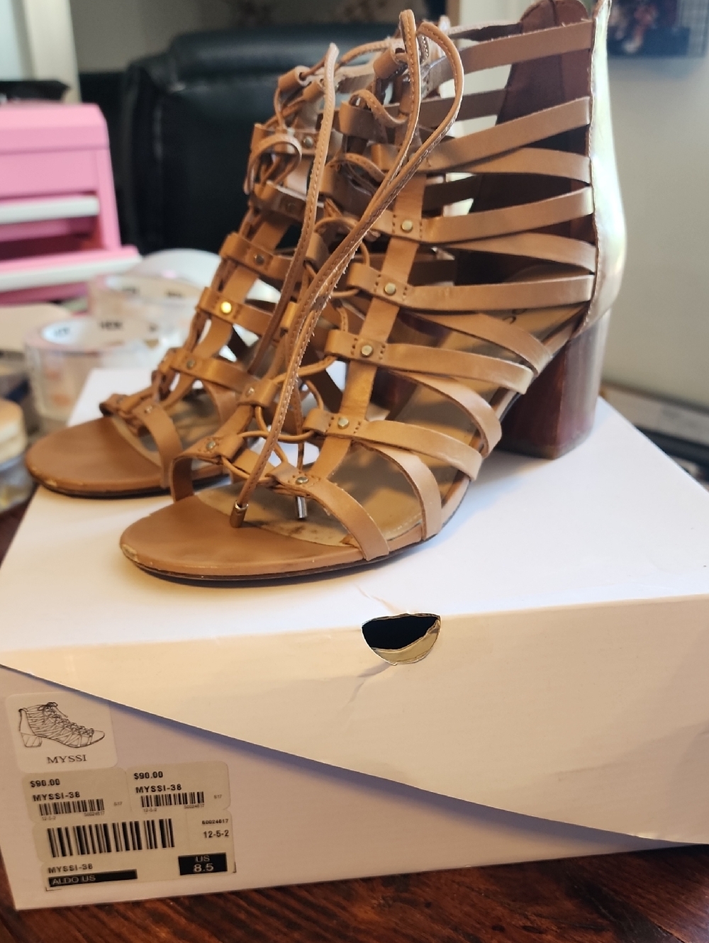 Aldo Tan Lace-Up Strappy Block Heel Sandals Size 8.5